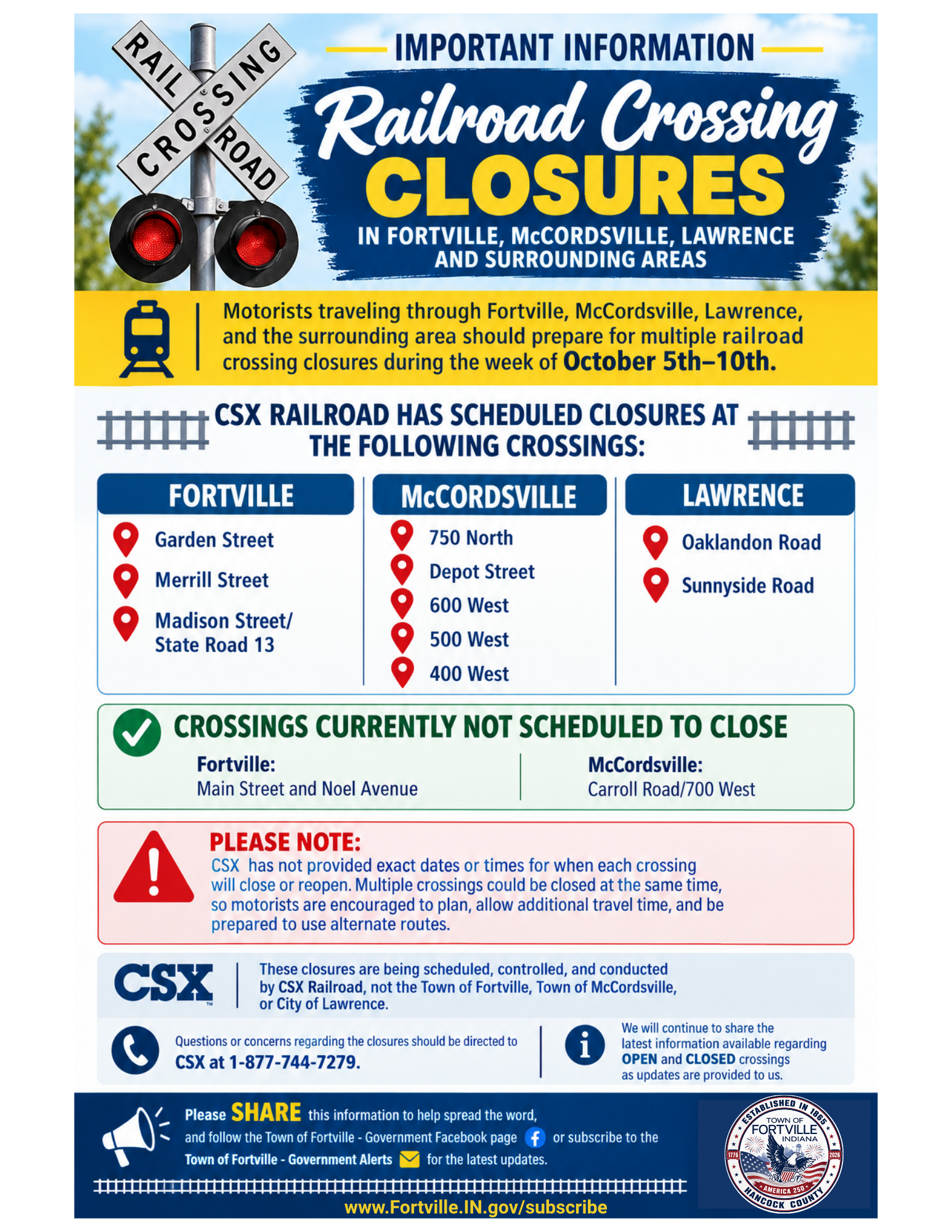 🚧 CSX RAILROAD CROSSING CLOSURES | OCTOBER 5–10 🚧